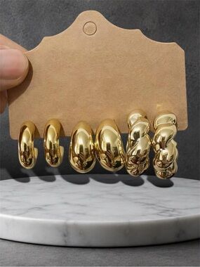 Gold Chunky Hoop Earrings Set | 3 Pair Statement Huggie Twisted Earrings Bundle